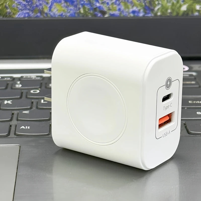 Carregador 3 em 1 de 23 W, capaz de carregar três dispositivos simultaneamente, com carregamento sem fio integrado para relógios, adequado para