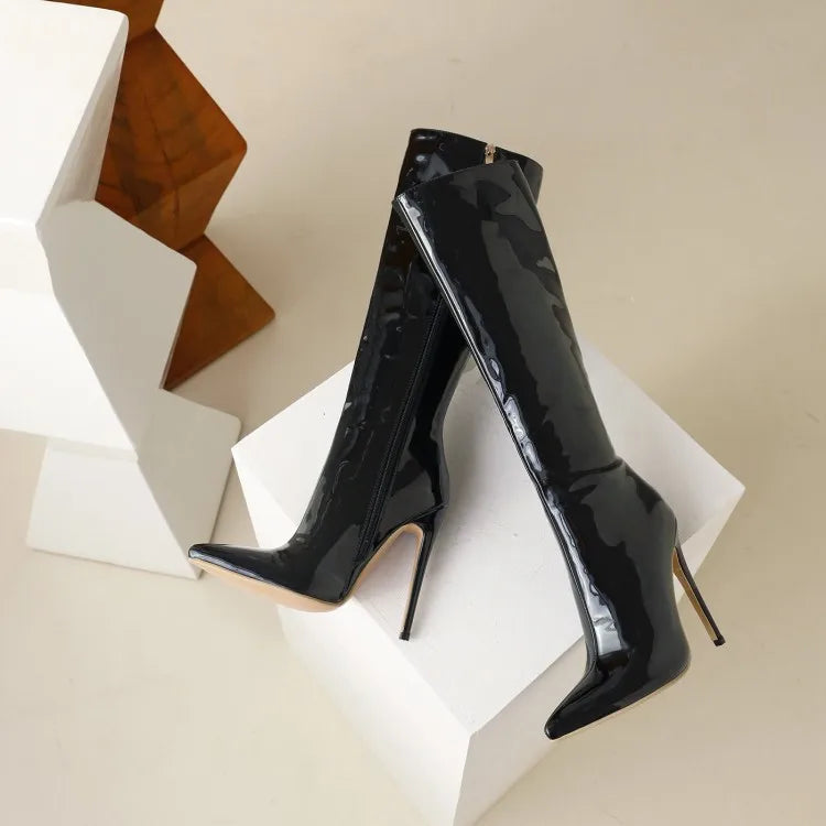 Senhoras elegantes botas longas 2024 clube festa saltos stiletto moda feminina joelho-botas altas inverno curto pelúcia apontou toe sapatos vermelhos