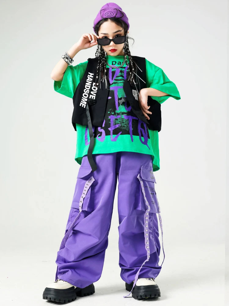 Conjunto de camiseta e calças infantis legais, trajes de jazz, Hip Hop Streetwear, roupas femininas, moda feminina, corredores de rua, colete infantil