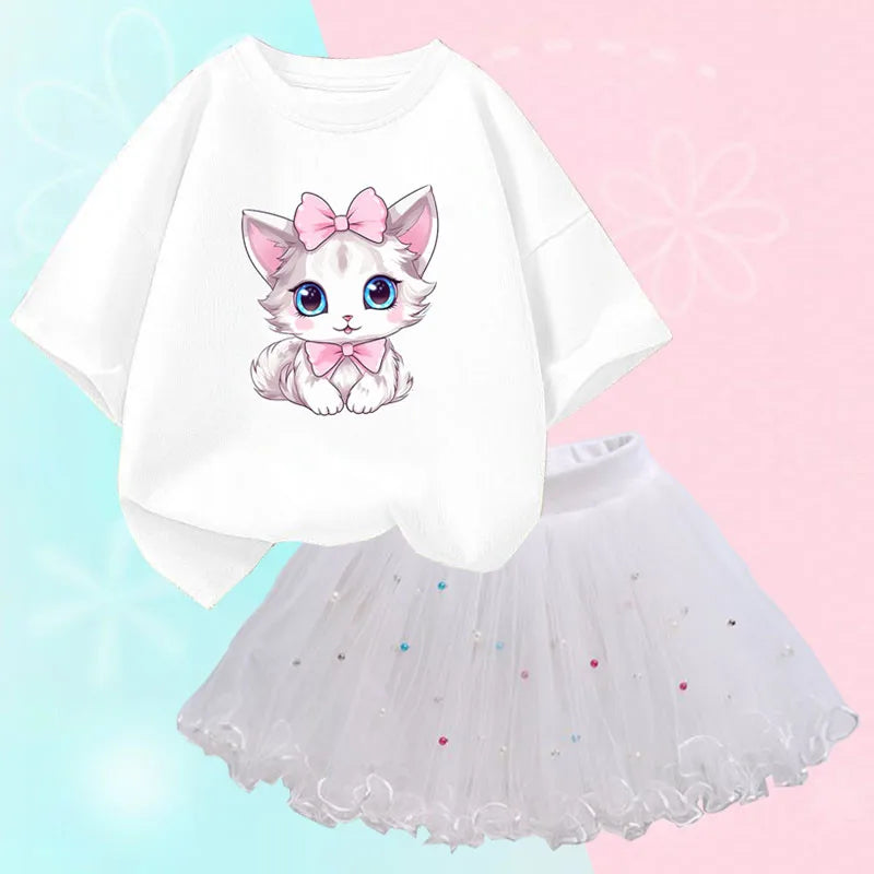Roupas de verão para meninas, camiseta fofa de gato e saia tutu de malha, conjunto de duas peças, roupas coreanas para crianças de 3 a 14 anos
