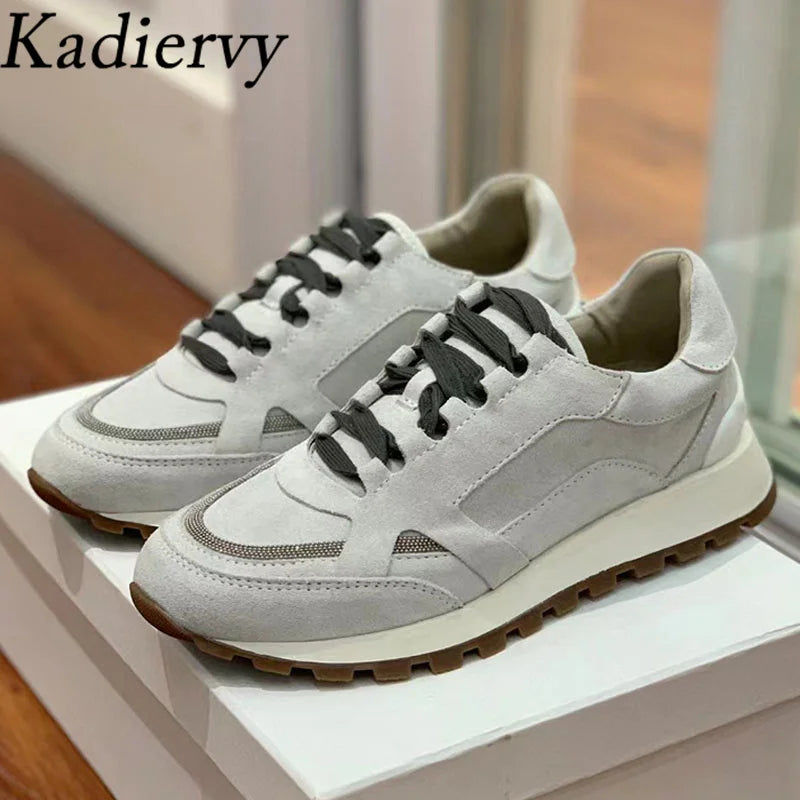 Sapatos casuais mulher dedo do pé redondo corrente corda grânulo conforto tênis de corrida senhoras camurça vaca retalhos rendas até tênis planos