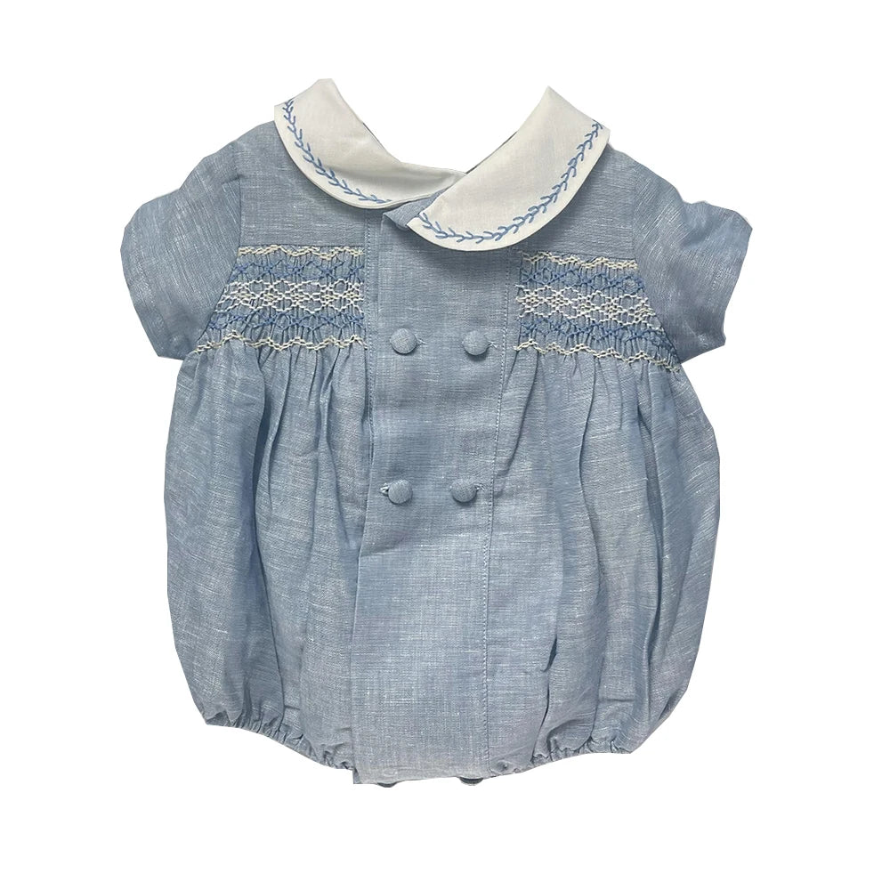 Roupa de boutique infantil, artesanal para menino, conjunto bordado, algodão azul, manga curta, roupa de irmãos, batizado, aniversário