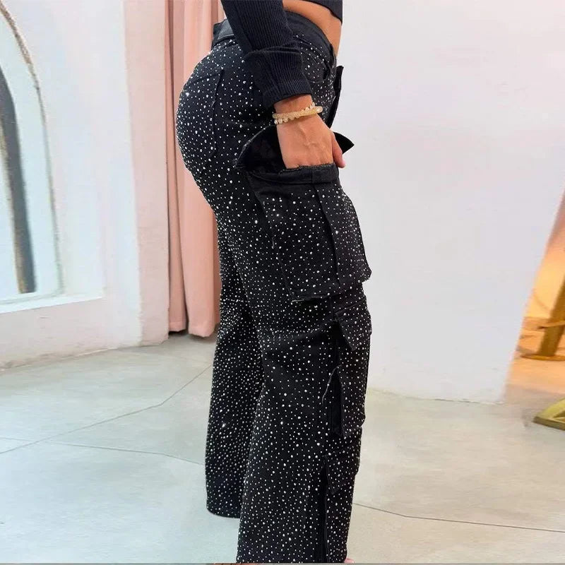 Cpsymym jeans de trabalho feminino com broca brilhante chique vários bolsos botão de cintura alta feminino jean primavera verão y2k senhora streetwear