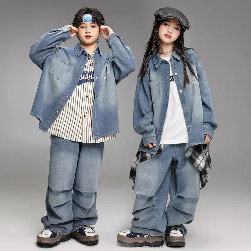 Crianças menino menina solta casual streetwear moda hip hop crianças denim camisa calça jeans define ternos agasalho roupas de palco traje