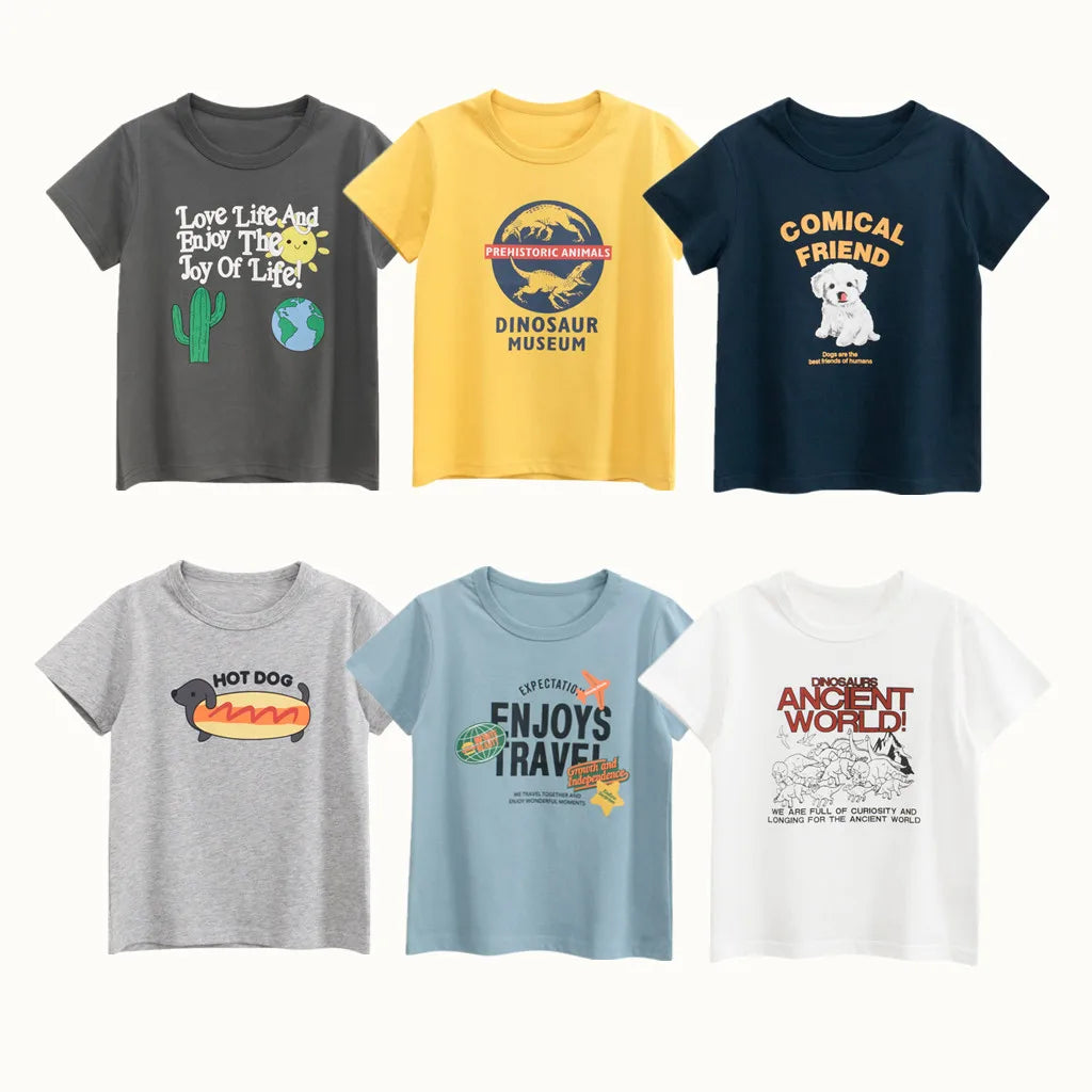 2025 crianças dos desenhos animados camisetas roupas bonitos para menino 100% algodão carro tubarão dinossauro crianças meninas manga curta casual esporte topo t