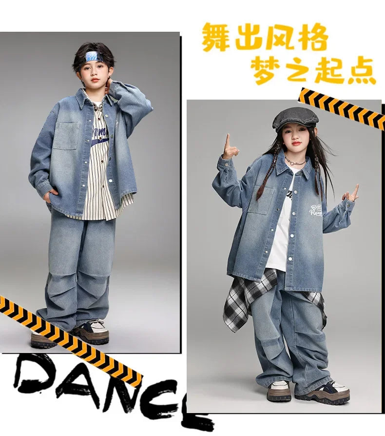 Crianças menino menina solta casual streetwear moda hip hop crianças denim camisa calça jeans define ternos agasalho roupas de palco traje