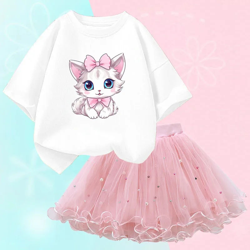 Roupas de verão para meninas, camiseta fofa de gato e saia tutu de malha, conjunto de duas peças, roupas coreanas para crianças de 3 a 14 anos