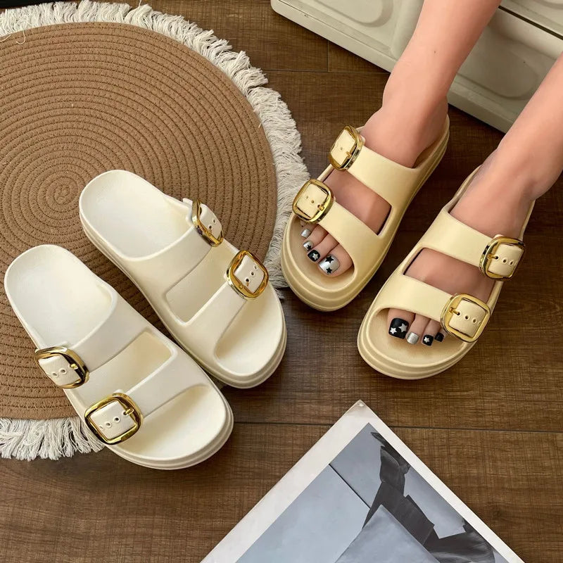 Chinelos de plataforma para mulheres, cor sólida, antiderrapante, sola grossa, para uso interno, praia, verão