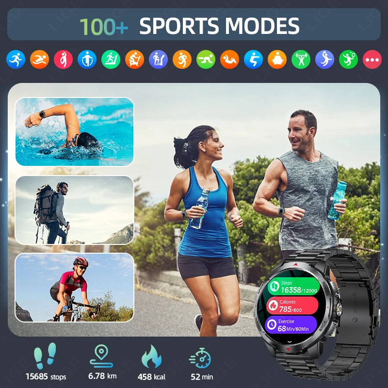 Relógios Inteligentes LIGE Novos com Bateria de 1100mAh para Homens, Esportes ao Ar Livre, Lanterna LED, Bússola, Relógio Inteligente Masculino com Chamada Bluetooth