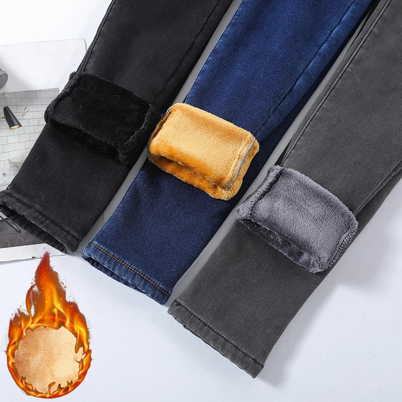 Inverno senhora térmica quente jeans de pelúcia magro estiramento jeans senhora fino ajuste lápis calças meninas perna reta denim