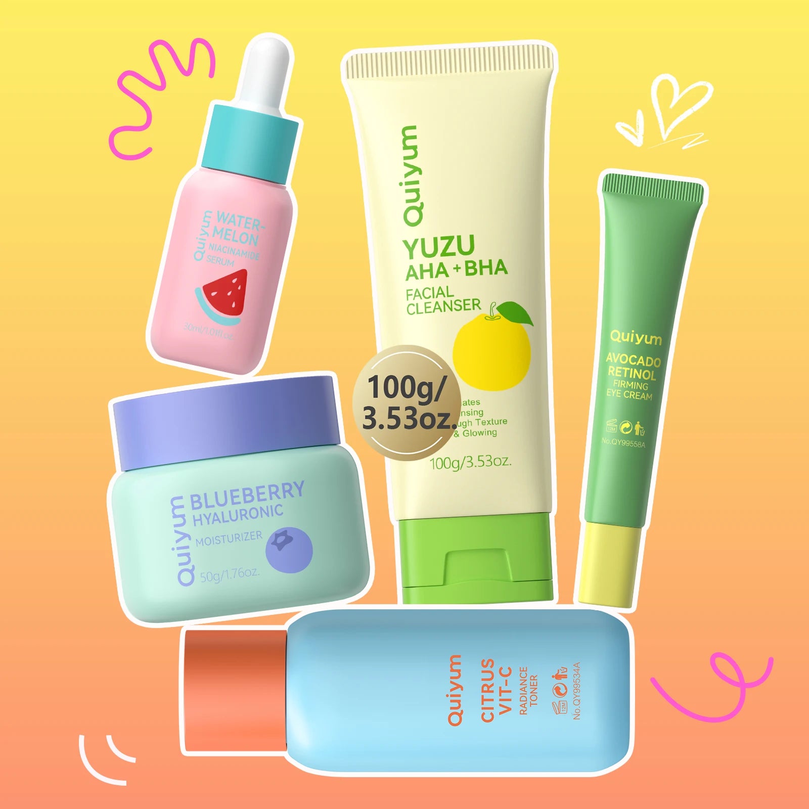QUIYUM Fruit Fresh Collection Conjunto de cuidados com a pele de 5 peças, brilho, hidratante, anti-idade, cuidados faciais para pele seca e maçante