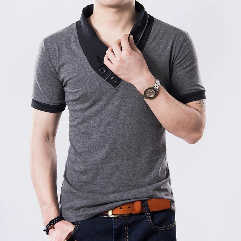 Novas Camisetas Masculinas Plus Size de Verão 2026, Moda Slim, Manga Curta, Patchwork, Decote em V, Camiseta Preta de Algodão para Homens