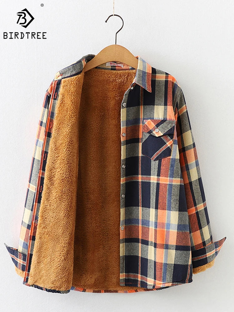 Camisa Xadrez Feminina de Veludo Grossa e Quente, Blusa Casual de Manga Longa com Forro de Lã para Inverno, Tamanhos M-5XL, Roupa de Outono T77710A