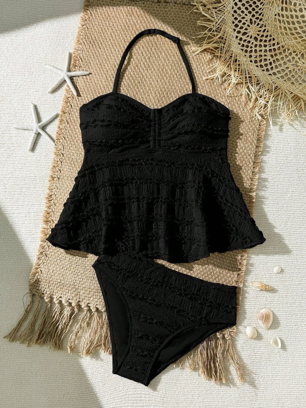Conjunto de biquíni preto e branco para meninas, 2 peças, roupa de banho de cor sólida para crianças, meninas, verão, férias na praia