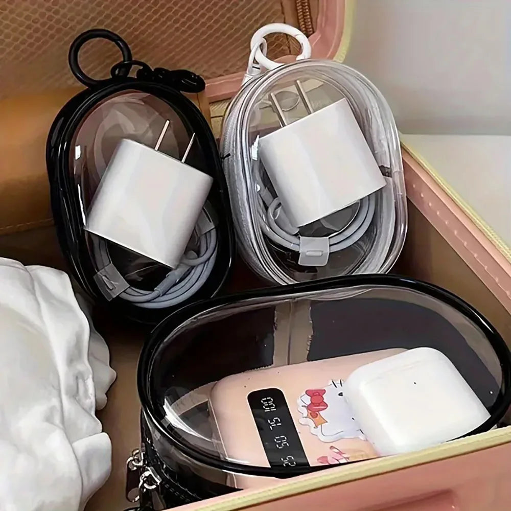 Mini saco de armazenamento com zíper transparente, chaveiro portátil, boneca de desenho animado, organizador de brinquedos para fones de ouvido, carregadores, cabo de dados, sacos de presente