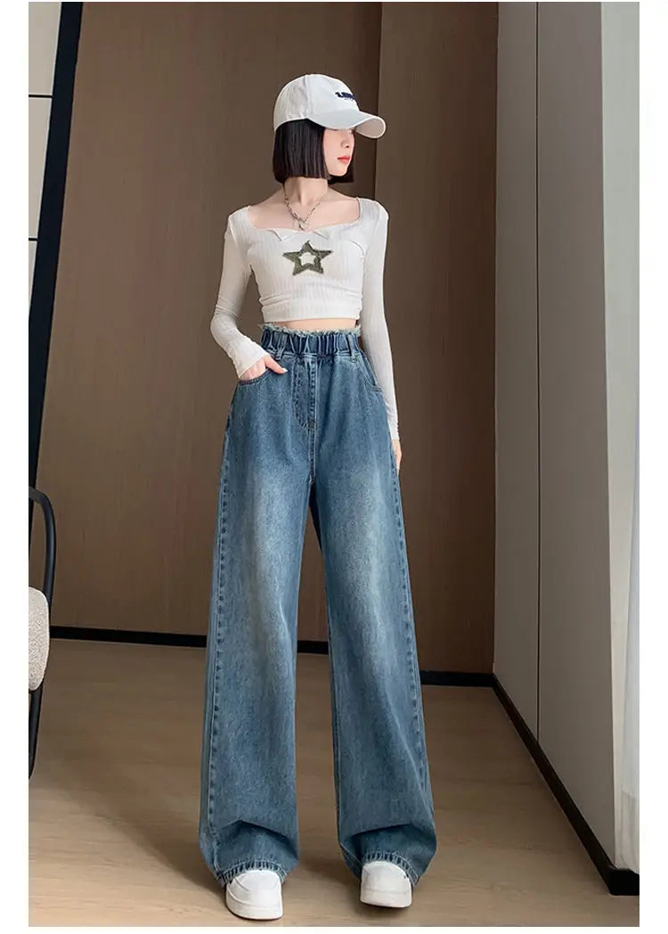 Calças jeans de tamanho grande femininas trilha reta perna larga solta cintura alta fina renda borla calças superiores