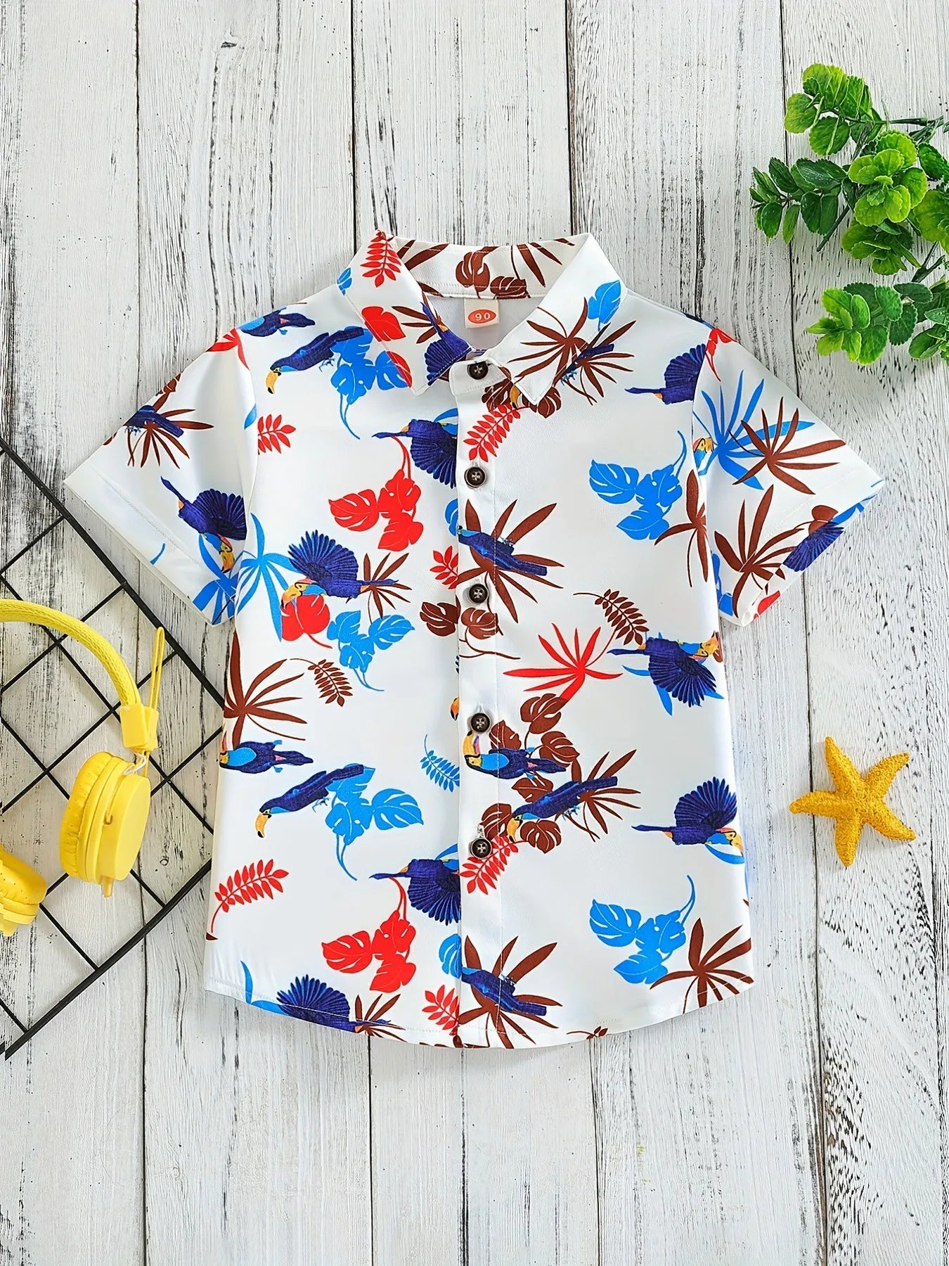Top respirável casual floral e foliar infantil, blusa de meninos, perfeita para praia, férias, elegante, verão