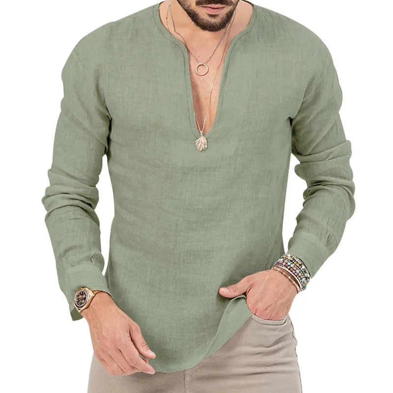 Camiseta Masculina de Linho de Manga Longa 2026 Henry, Slim Fit, Cor Sólida, Tamanho Grande Europeu e Americano, Gola V Profunda