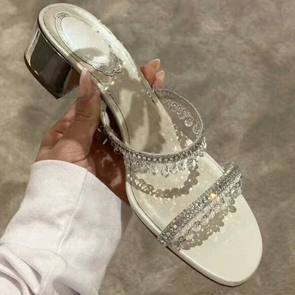 Sandálias de strass para mulheres, salto de bloco, cristal, Open Toe, salto médio, novo, verão, 2024