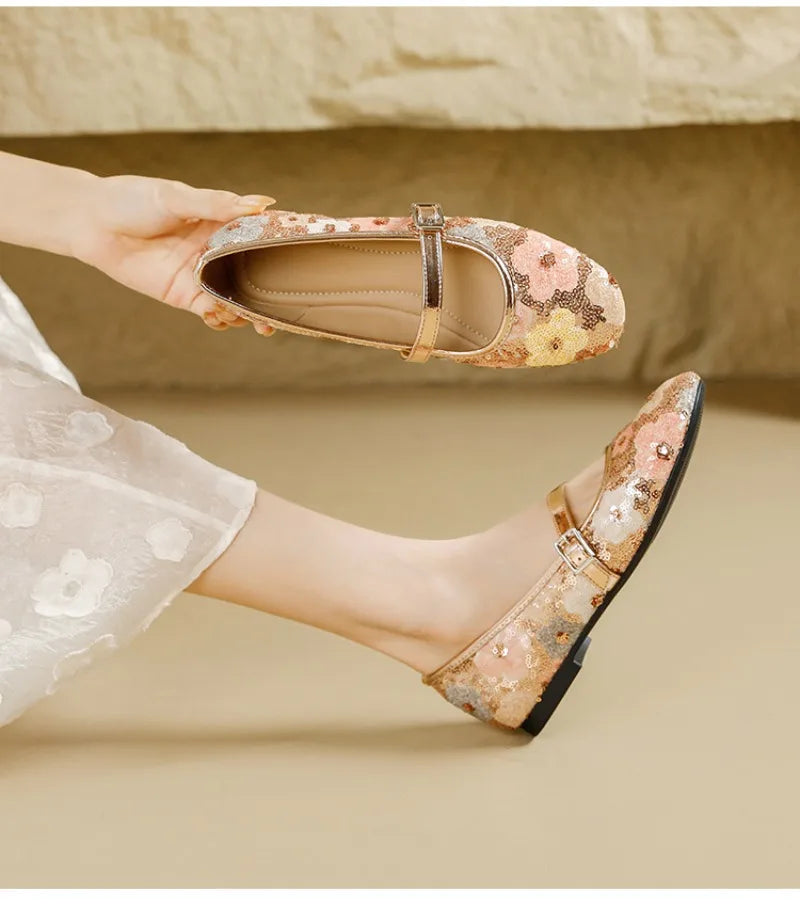Luxo bling ballet flats feminino dedo do pé redondo colorido floral fivela design mary jane sapatos elegantes sapatos de festa conforto sandálias planas