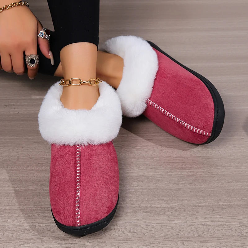 Inverno quente interior flurry chinelos feminino camurça do falso dedo do pé fechado casal chinelos mulher conforto sola macia casa slides mujer