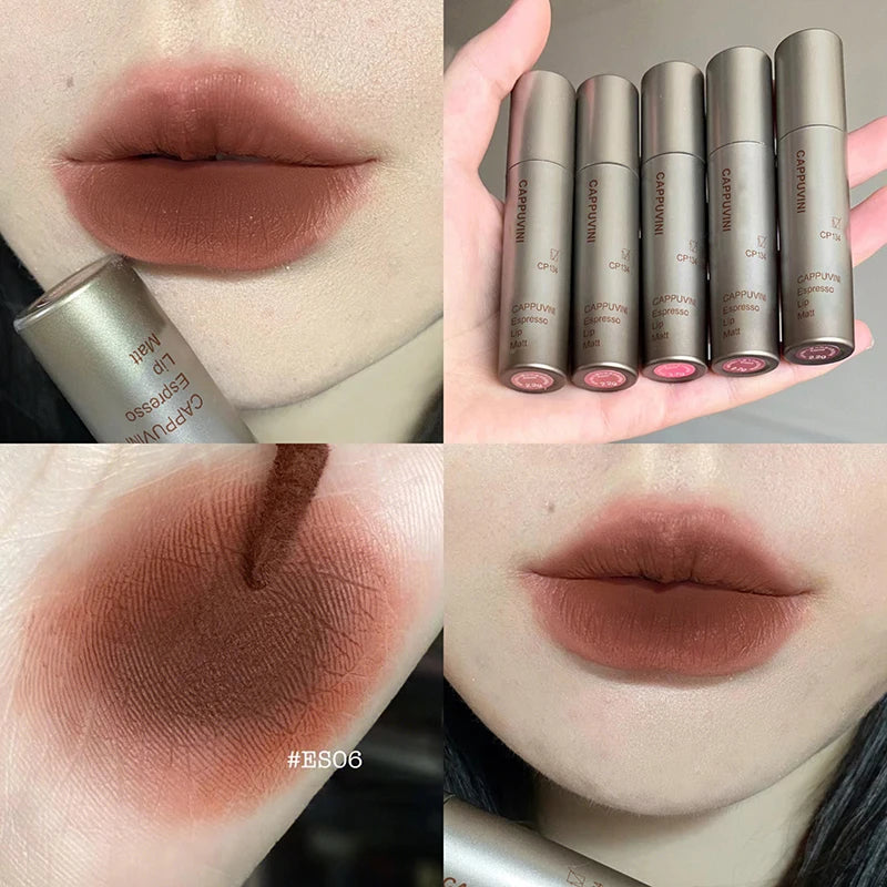 Batom fosco de veludo vermelho escuro, à prova d'água, longa duração, fosco, brilho labial, copo antiaderente, maquiagem labial, maquiagem cosmética