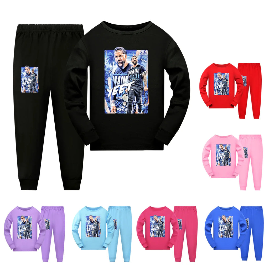 Crianças dos desenhos animados lutador jey uso conjuntos de pijama da criança meninos pijamas diários do bebê meninas manga longa t camisa + shorts 2 pçs set3952