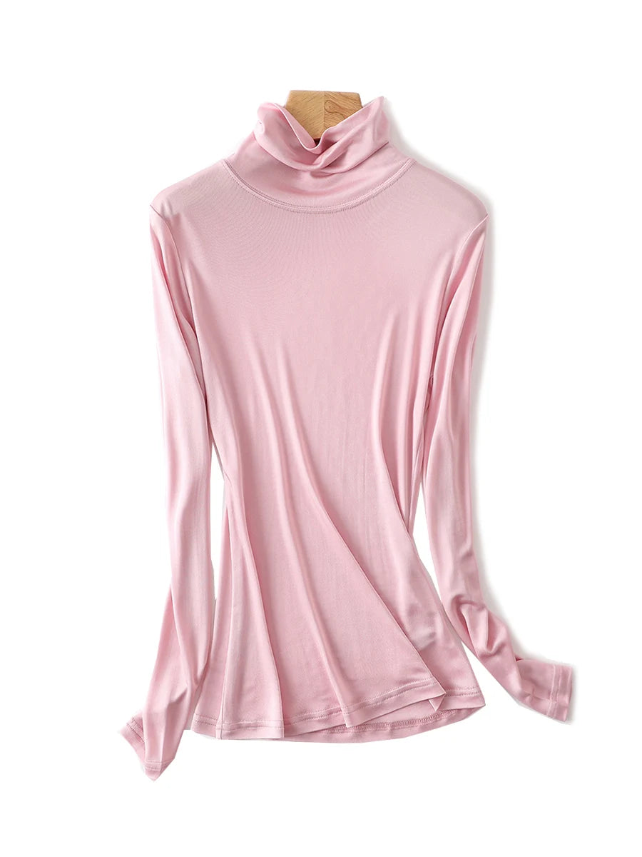 SuyaDream feminino gola alta, pulôveres sólidos de manga comprida, seda natural de malha, camiseta de fundo chique, top primavera outono 2025