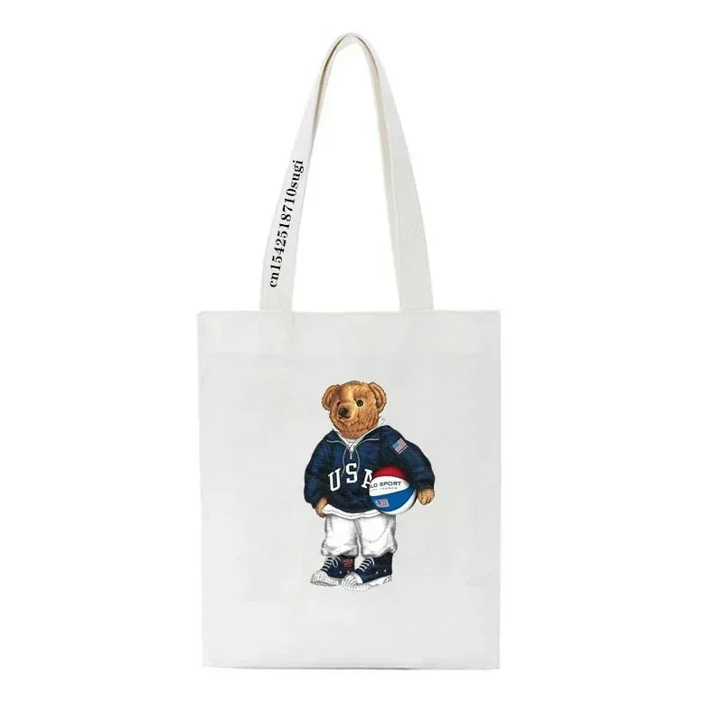 Moda urso impressão eco mulheres sacos de ombro bolsa feminina lona saco de compras casual grandes senhoras viagem totes sacos