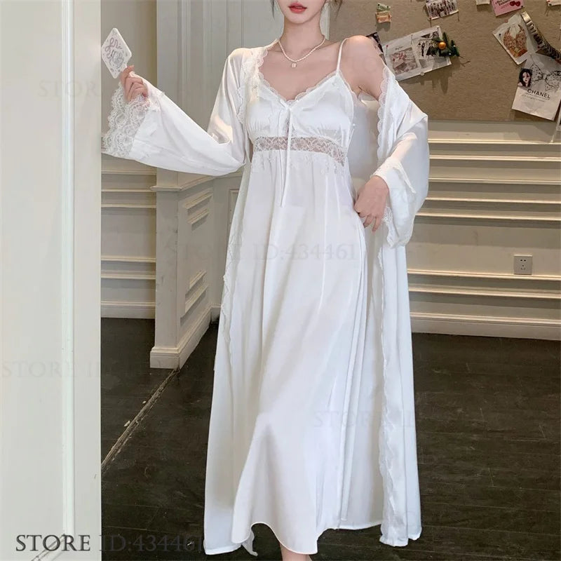Feminino longo twinset robe conjunto sexy renda guarnição roupão de casamento quimono vestido sleepwear elegante seda gelo camisola loungewear homewear