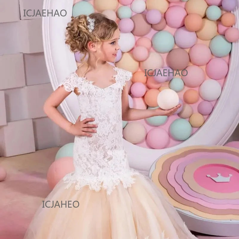 Bebê flor menina vestido crianças rendas longo noite crianças vestidos para casamento bridesmade baile de formatura sereia vestido festa formal vestidos de baile