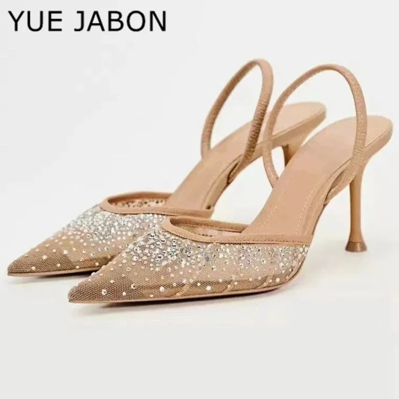 Glitter strass apontou chinelos feminino salto alto verão flip flops feminino sexy sandálias de festa malha respirável mule bombas
