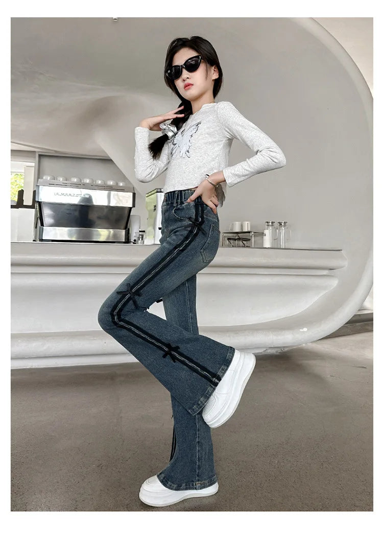 Crianças inverno fino ajuste bootcut flanela forrado jeans para meninas elegante isolado queimado calças jeans crianças calças térmicas quentes