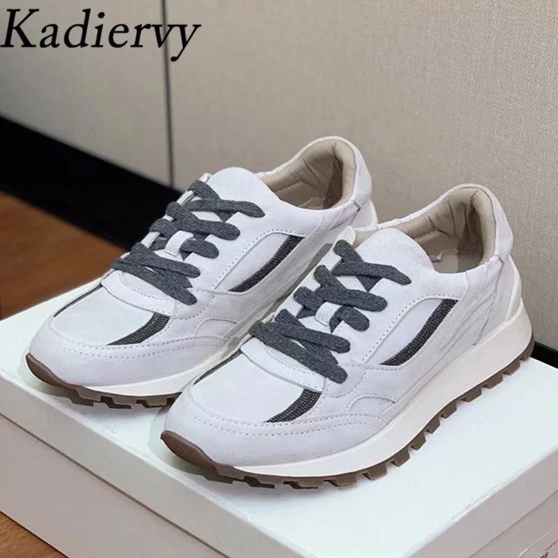 Sapatos casuais mulher dedo do pé redondo corrente corda grânulo conforto tênis de corrida senhoras camurça vaca retalhos rendas até tênis planos