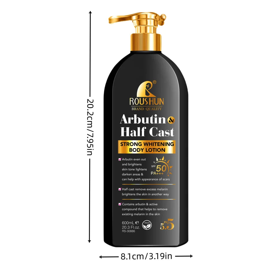 Loção Corporal Arbutin HALF CAST com protetor solar 2 em 1, refrescante, hidratante e não oleosa.
