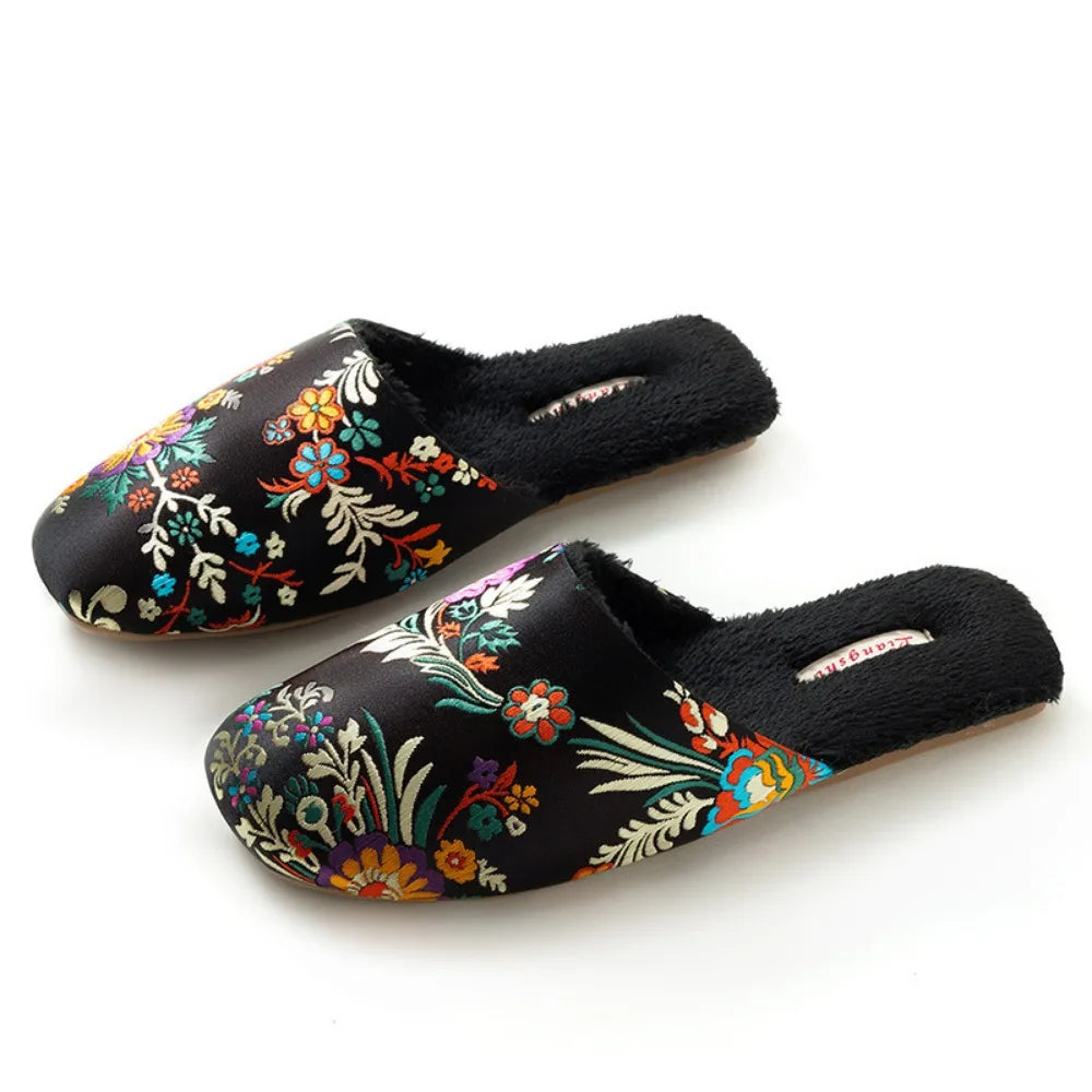 Chinelos de casa femininos homens inverno calor chinelos interiores senhoras sapatos bordados flor chinelos para mulher sapatos de casa
