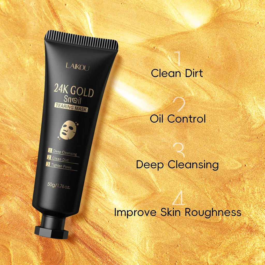 Laikou 24k ouro caracol peel-off máscara 3 pçs limpeza profunda poros aperto remoção de cravo desintoxicante tratamento facial 50g