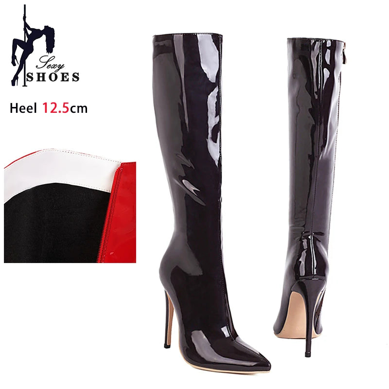 Senhoras elegantes botas longas 2024 clube festa saltos stiletto moda feminina joelho-botas altas inverno curto pelúcia apontou toe sapatos vermelhos