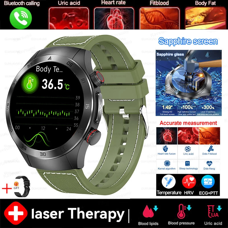 2025 novo tratamento a laser corpo e coração relógio inteligente masculino ecg + ppg ácido úrico gordura no sangue bluetooth chamada rastreador de saúde relógios inteligentes
