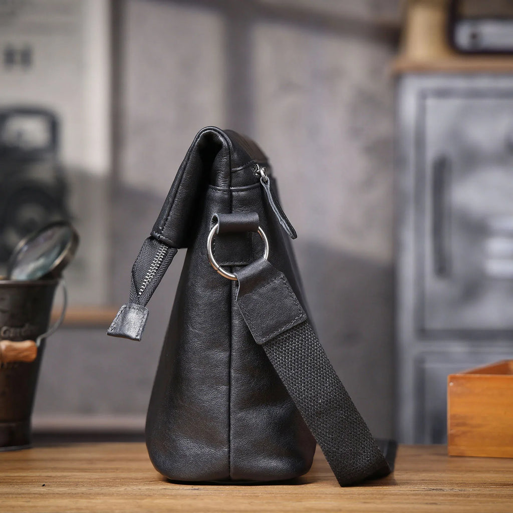 Bolsa de Ombro Masculina em Couro Genuíno, Bolsa Transversal para Laptop, Couro Bovino de Camada Superior, Couro Vegetal, Moda Casual