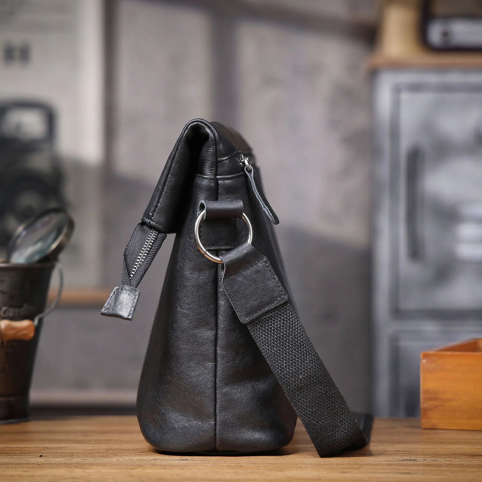 Bolsa de Ombro Masculina em Couro Genuíno, Bolsa Transversal para Laptop, Couro Bovino de Camada Superior, Couro Vegetal, Moda Casual