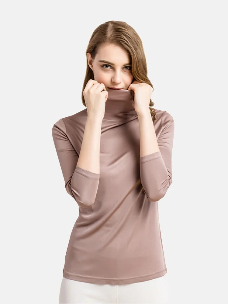 SuyaDream feminino gola alta, pulôveres sólidos de manga comprida, seda natural de malha, camiseta de fundo chique, top primavera outono 2025