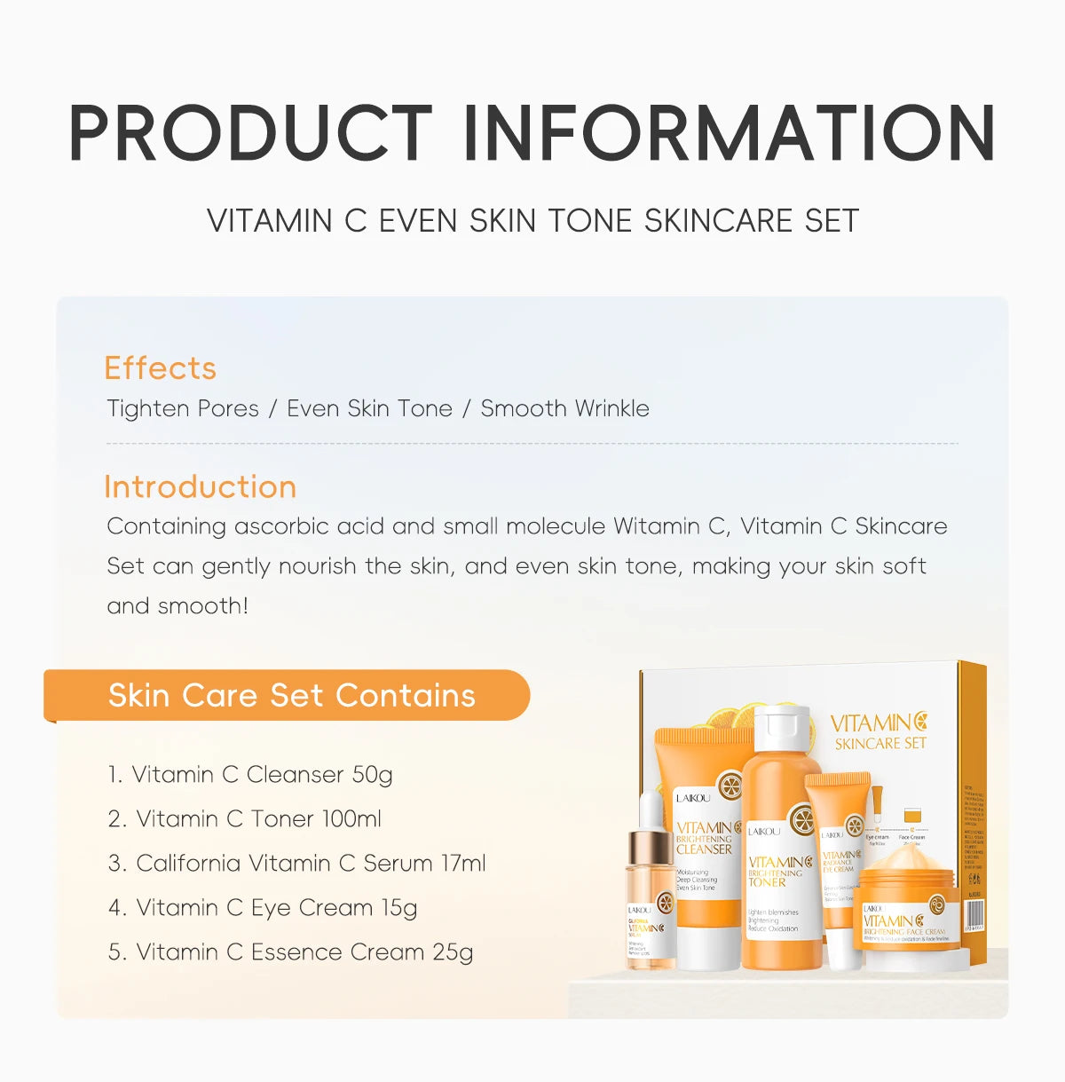 Laikou vitamin c conjunto de cuidados com a pele iluminando 5 pçs kit mesmo tom da pele suave rugas apertar poros limpador toner soro creme para os olhos