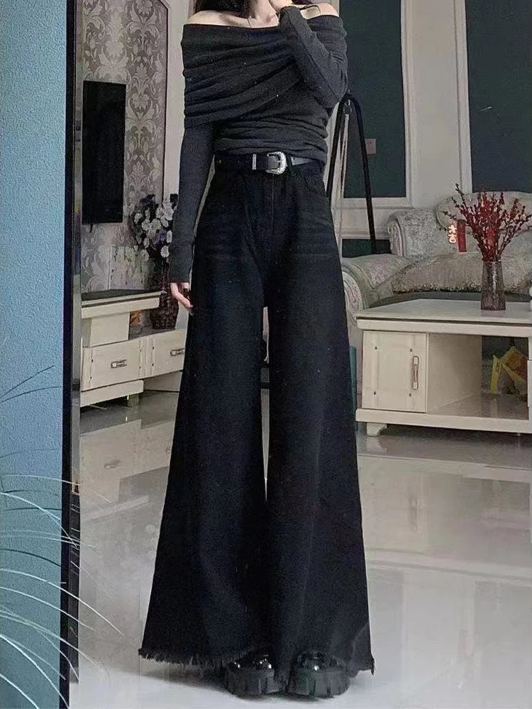 Preto perna larga jeans feminino outono vintage borda crua borlas bootcut calças jeans soltas cintura alta streetwear harajuku novo