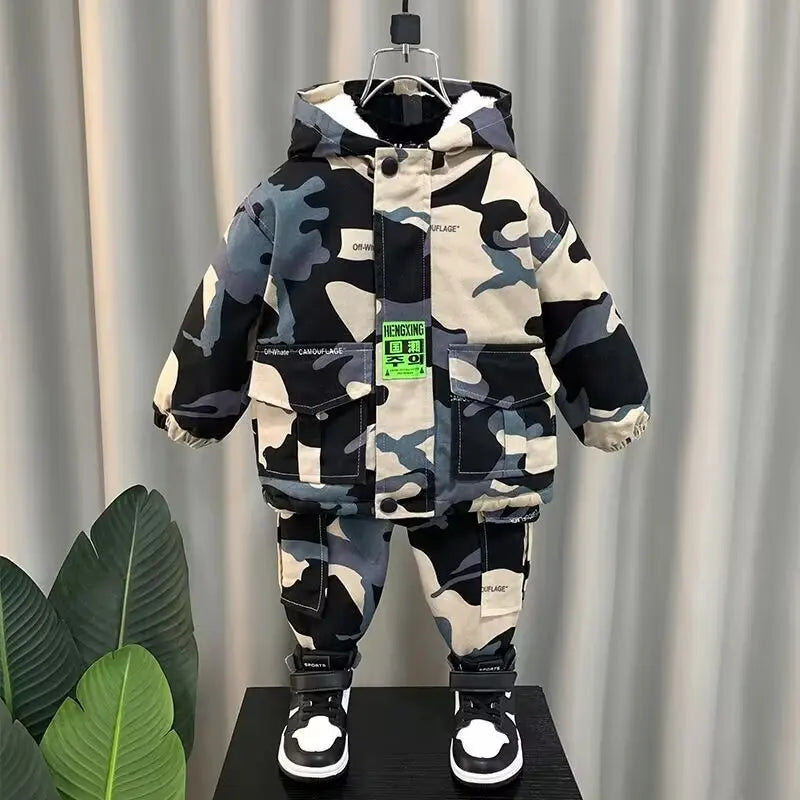 Casaco de blusão infantil com capuz, jaqueta de menino coreano, roupas infantis, camuflagem bonito, quente, inverno, outono, novo