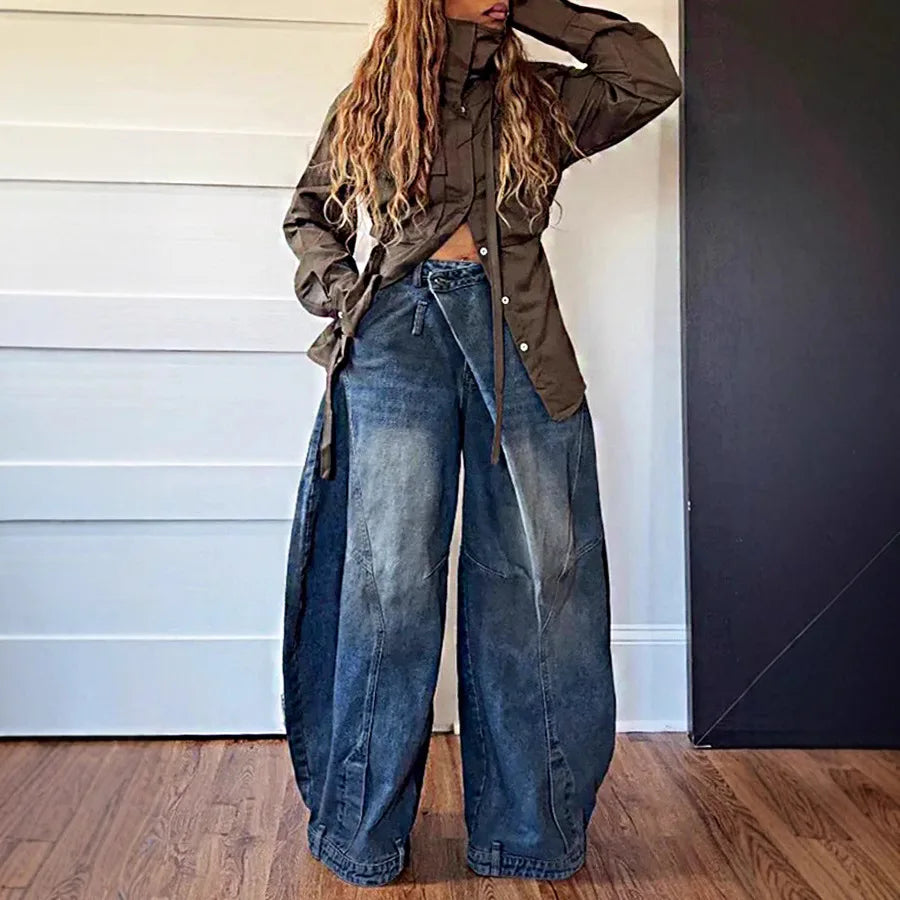 Calças de brim calças de perna larga mulheres vintage denims calças soltas estiramento meados de cintura lavado angustiado até o chão 2025 streetwear