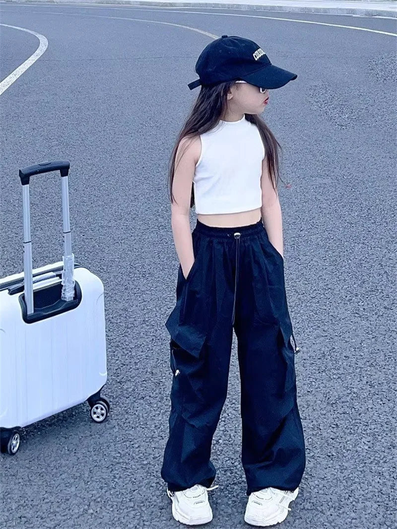 Calças Cargo para Meninas, Roupas de Trabalho Soltas para Crianças, Calças Leves para Primavera e Outono, Roupas Casuais para Adolescentes