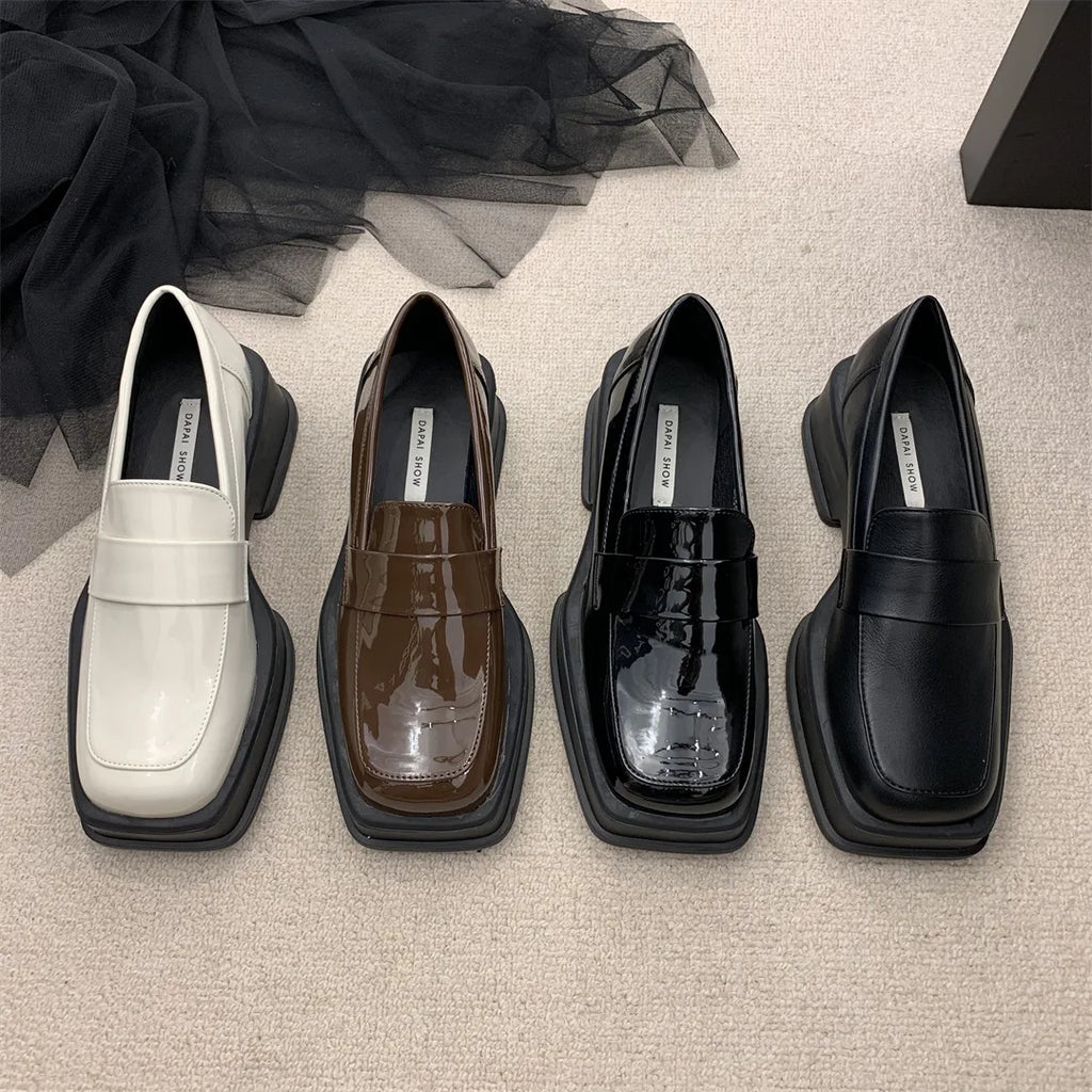 Estilo britânico fundo grosso primavera outono cabeça quadrada retro mocassins sapatos femininos casuais deslizamento na plataforma mocassins senhoras bombas