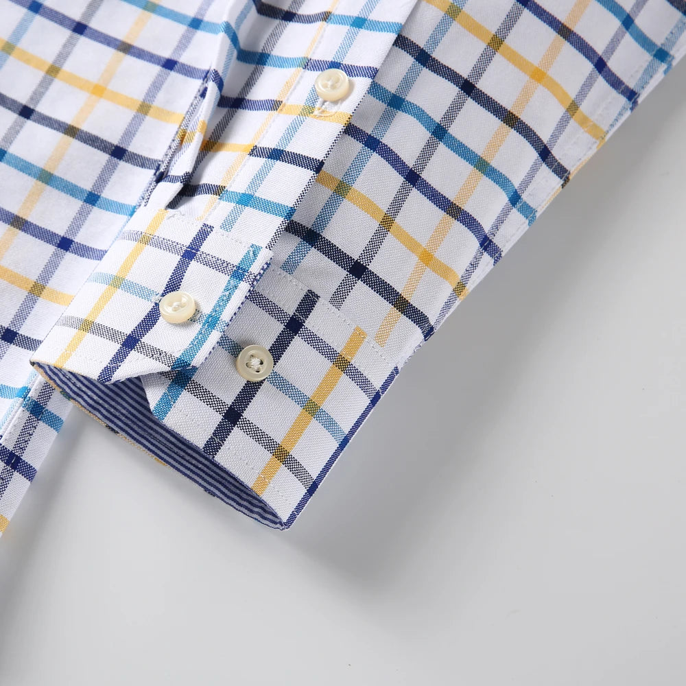 Camisas de vestido de algodão com design de gola de lapela listrada xadrez na moda masculina, camisa casual de manga comprida com botões para primavera/outono