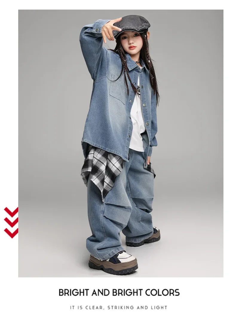 Crianças menino menina solta casual streetwear moda hip hop crianças denim camisa calça jeans define ternos agasalho roupas de palco traje